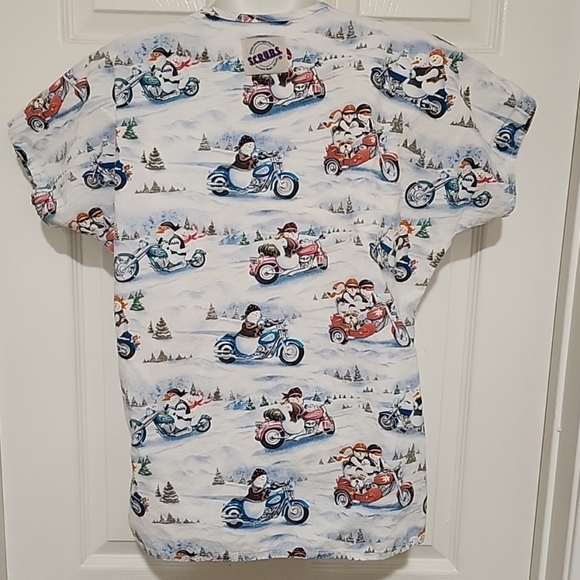 S.C.R.U.B.S. Women's Scrub Top Winter Holiday Snowman Biker Bikers Print V Neck - Picture 4 of 8